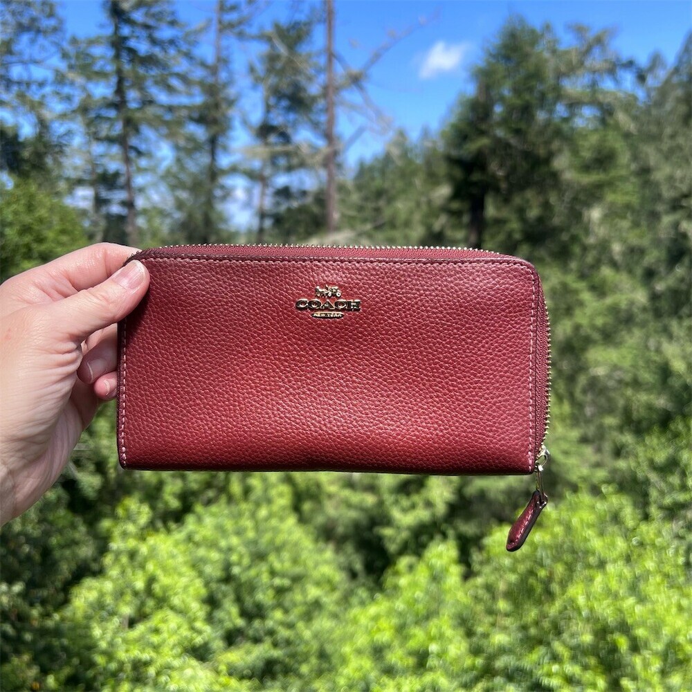 COACH Long Zip-Around Burgundy Pebble Leather Wallet w Gold Hardware AUTHENTIC